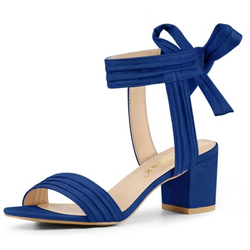 Allegra K Women s Back to College Open Toe Ankle Tie Back Block Heels Sandals Deep Blue 6.5