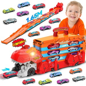 Vatos Dinosaur Transport Truck Car Toy for Kids, 3 in 1 Ejection Folding Track Toys w/Sound, Portable Truck with 8 Race Cars - 1 of 4