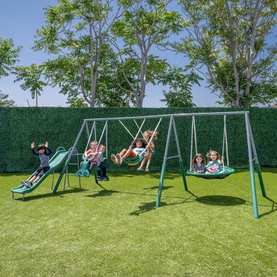 Rochester Green Metal Swing Set with Slide and Glider
