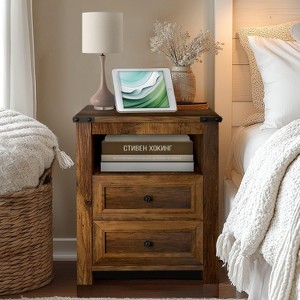 Dyonery Modern Wood End Table with Charging Station,Rustic 18 Inch Bedside Table with 2 Storage Drawers and Open Shelf,  for Bedroom,Living Room - 1 of 4