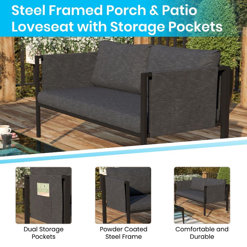Emma and Oliver Indoor Outdoor Patio Loveseat, Steel Framed Club Chair with Cushions and 2 Storage Pockets, 4 of 11