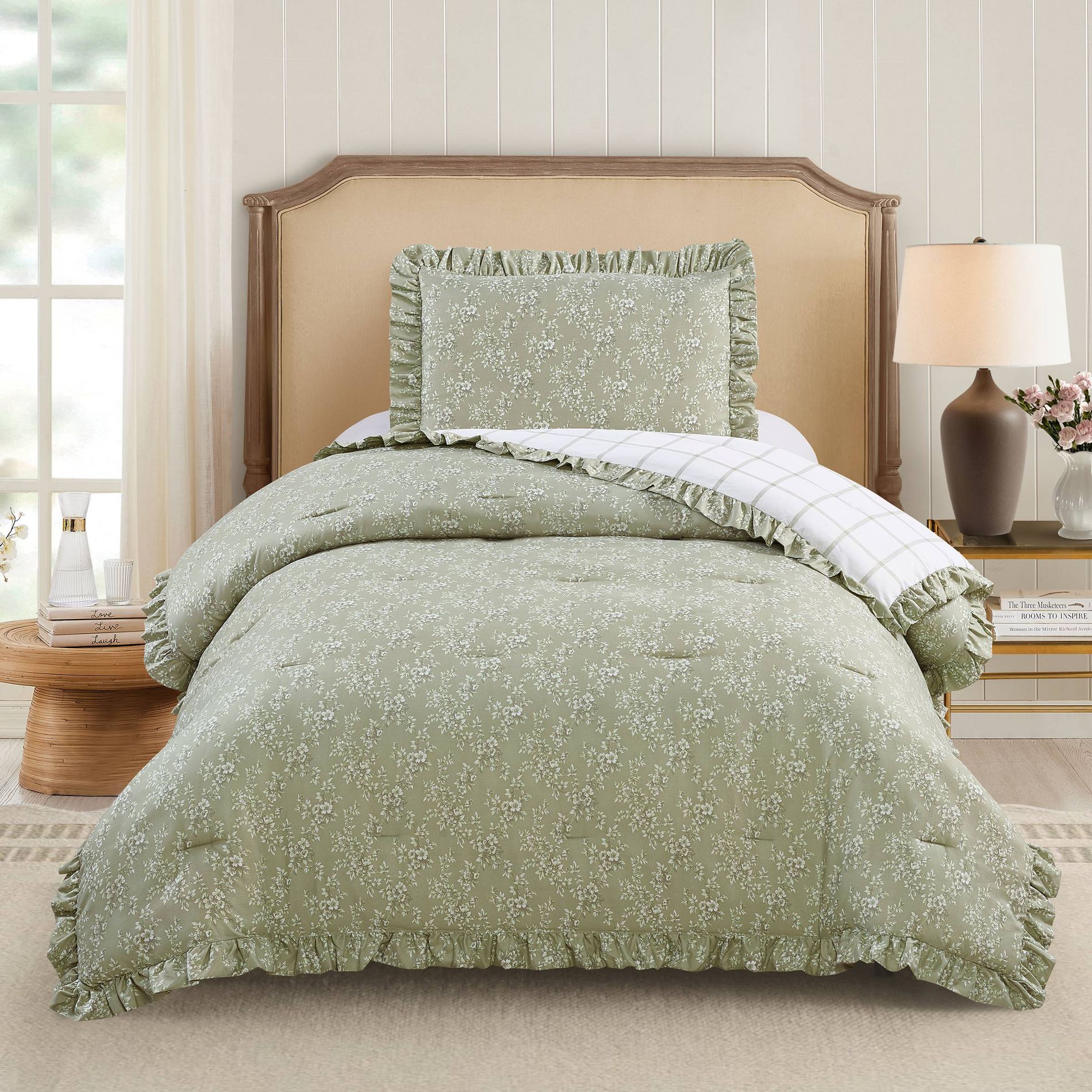 Modern Heirloom 3pc Floral Ruffle Comforter Bedding Set Assorted Green