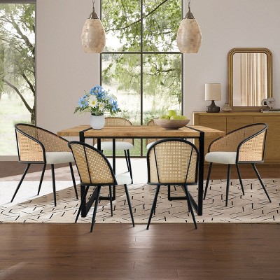 7-Piece Dining Table Set with 2 Rattan Armchairs & 4 Armless Boucle Chairs, Mid-Century Modern Rectangular Wood Table for 6-Maison Boucle
