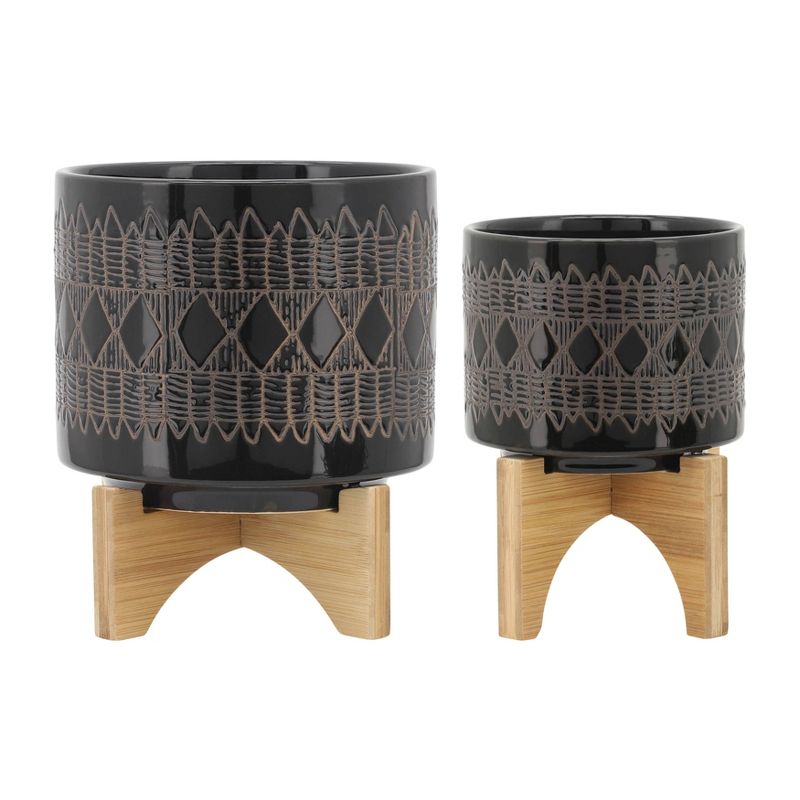 Sagebrook Home 8&#34; Wide 2pc Ceramic Aztec Planters on Wooden Stand Black, 1 of 11
