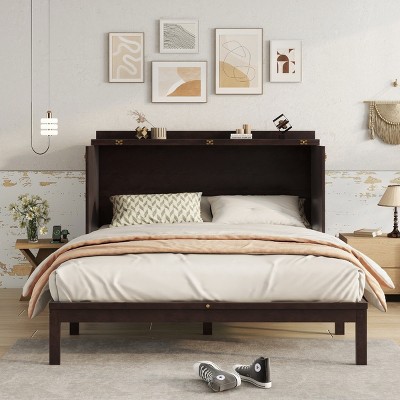 Queen Size Vintage Murphy Bed with Power Station and Rattan Panel, Foldable Pine Wood Cabinet Bed for Bedroom-Baofuwish