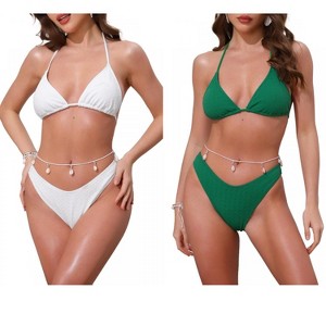 INSPIRE CHIC Women's Waffle Knit Halter Top Triangle Bottom with Seashell Waist Rope Bikini Suits 2 Sets - 1 of 4