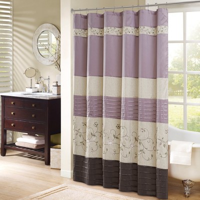 VYNXARIA 72*72"Faux Silk Embroidered Floral Shower Curtain,Purple