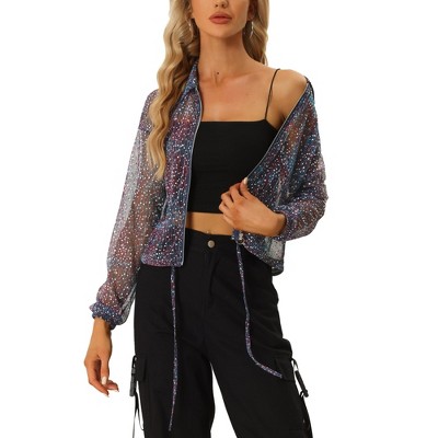Allegra K Women's Collar See Through Drawstring Lightweight Zipper Crop Jacket