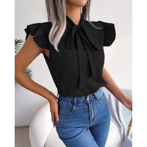 Coolmee Women's Bow Tie Neck Ruffle Cap Sleeve Elegant Office Blouse Shirt Tops - 1 of 4