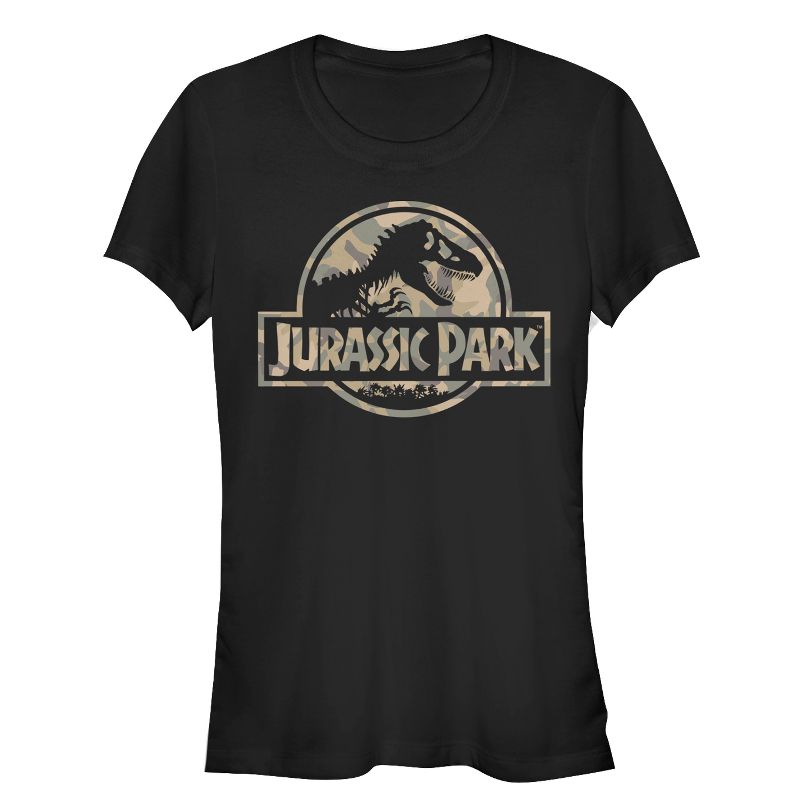Juniors Womens Jurassic Park Camo Logo T-Shirt, 1 of 4