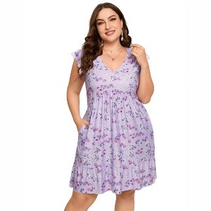 Plus Size Women's Flutter Sleeve High Waist Peplum Babydoll Knee Length Dress - 1 of 4