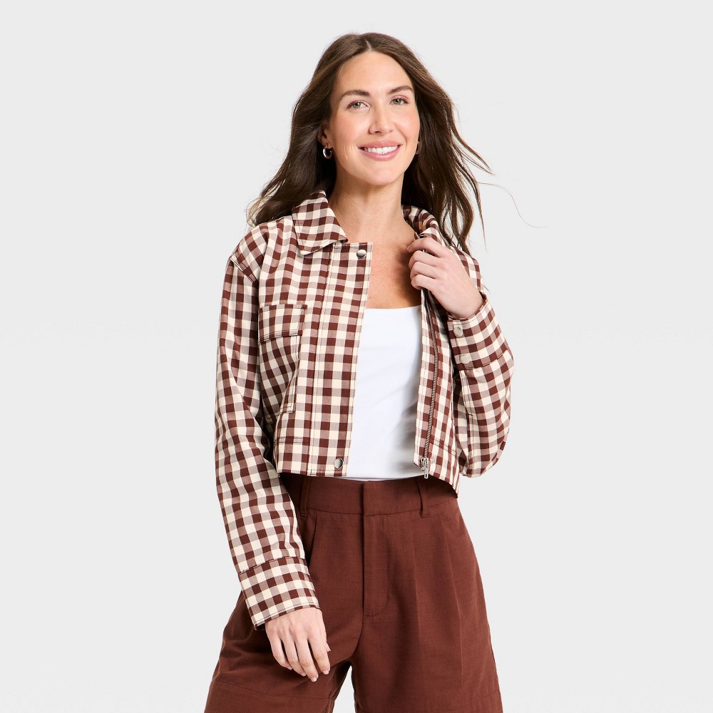 Women's Transitional Cropped Jacket - A New Day™ Brown Gingham XS