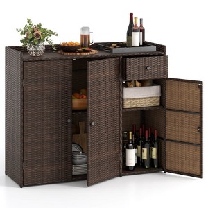 Costway Outdoor PE Wicker Storage Cabinet with 3 Doors Adjustable Shelves and Drawer - 1 of 4