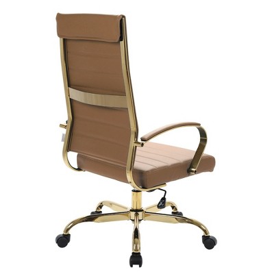 Mid-Century Modern High-Back Swivel Office Chair in Polished Brown Leather