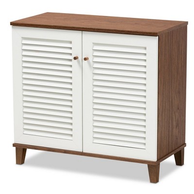 Coolidge 4 Shelf Wood Shoe Cabinet White/Walnut - Baxton Studio