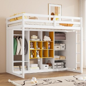 Twin Size Wood Loft Bed with Wardrobe, Shelves and Cabinet - 1 of 4