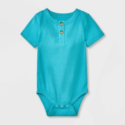 Image of Baby Ribbed Henley Short Sleeve Bodysuit - Cat & Jack™ Turquoise Green 0-3M