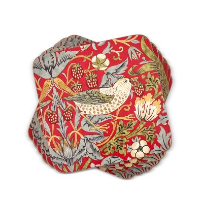 Pimpernel Morris & Co Strawberry Thief Red Collection Coasters, Set of 6, 4.25" Square, Cork Backed Board, Heat and Stain Resistant