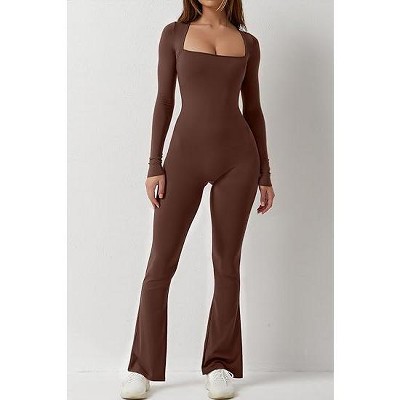 DOMETOUR Women Yoga Jumpsuits Square Neck Workout Long Sleeve Gym Yoga Sport Jumpsuits