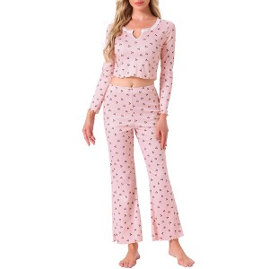 INSPIRE CHIC Women's 2 Pcs Pajama Cherry Print Ruffle Trim V-Neck Long Sleeve Top and Pants Set - 1 of 4