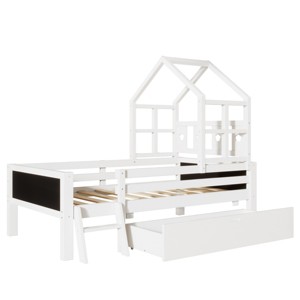 TopComfy Beds Solid Wood Twin Size House Beds Bed frame with Ladder Storage Drawers and Blackboard Design for Bedroom, White, 78.25"*18.5"*6" - 1 of 4