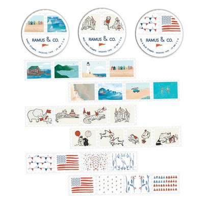 Everyday Masking Tape Roll of Perforated Stamps by Ramus & Co - 3ct Rolls, "Sandy" + "Wild Party" + "Red & Blue"