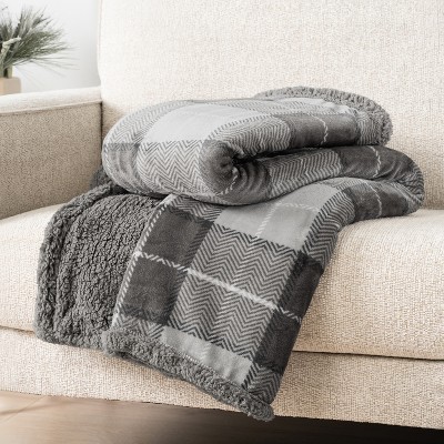 Light Gray Plaid Sherpa Fleece Twin Throw Blanket