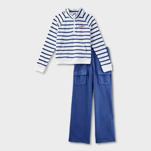 Girls' Adaptive Long Sleeve Striped Pullover and Knit Cargo Pants Set - Cat & Jack™ Navy Blue - 1 of 4