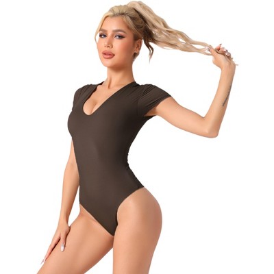 Allegra K Women's U Neck Short Sleeve Slim Fit Full Body Shapers for Dance Training