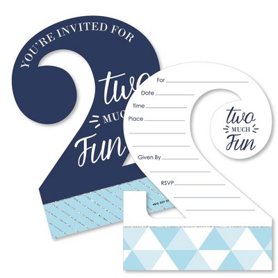 Big Dot of Happiness 2nd Birthday Boy - Too Much Fun - Shaped Fill-in Invitations - Second Birthday Party Invitation Cards with Envelopes - Set of 12