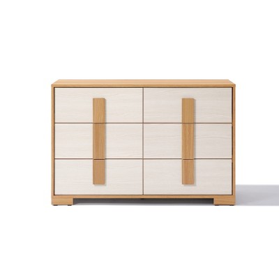 LuxenHome Natural and White 47.2-Inch Wide 6-Drawer Dresser Brown