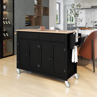 JUJABU Kitchen Island Cart with Solid Wood Top and Locking Wheels, 54.3 Inch Width, 4 Door Cabinet