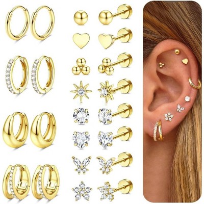 Jstyle Hypoallergenic Gold Stud Hoop Earrings for Women Men Surgical Stainless Steel Flat Back Earrings Small 14K Gold Huggie Hoops
