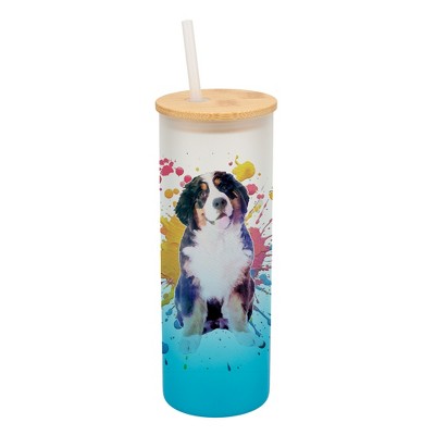 100 North 25 Ounce Frosted Glass Gradient Travel Tumbler With Straw & Wooden Lid, Bernese Mountain Dog Paint Splatter Sky Blue