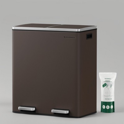 Trash Can, 16 Gallon (60 L) Garbage Can for Kitchen, with 15 Trash Bags, 2 Compartments, Plastic Inner Buckets and Hinged Lids, Airtight