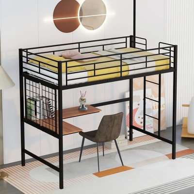ALEXOUN Metal Loft Bed Frame, Loft Bed with L-Shape Desk and Metal Grid, Space Saving Loft Bed with Desk Underneath for Kids,Teens