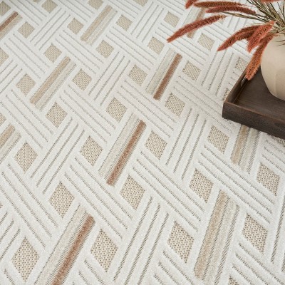 Ivory and Beige Geometric Synthetic Rectangular Area Rug 7'10" x 9'10"