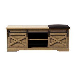 HomeRoots 47" Black and Natural Faux Leather And Wood Bench With Shoe Storage And Shelves - 1 of 4