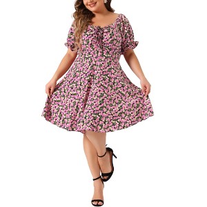 Agnes Orinda Women's Plus Size Sweetheart Neck Puff Short Sleeve Tie Floral A Line Dresses - 1 of 4