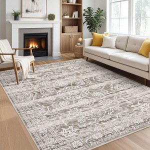 Vintage Machine Washable Area Rug for Living Room Kitchen Non Slip Non Shedding Distressed Floral Printed Carpet - 1 of 4