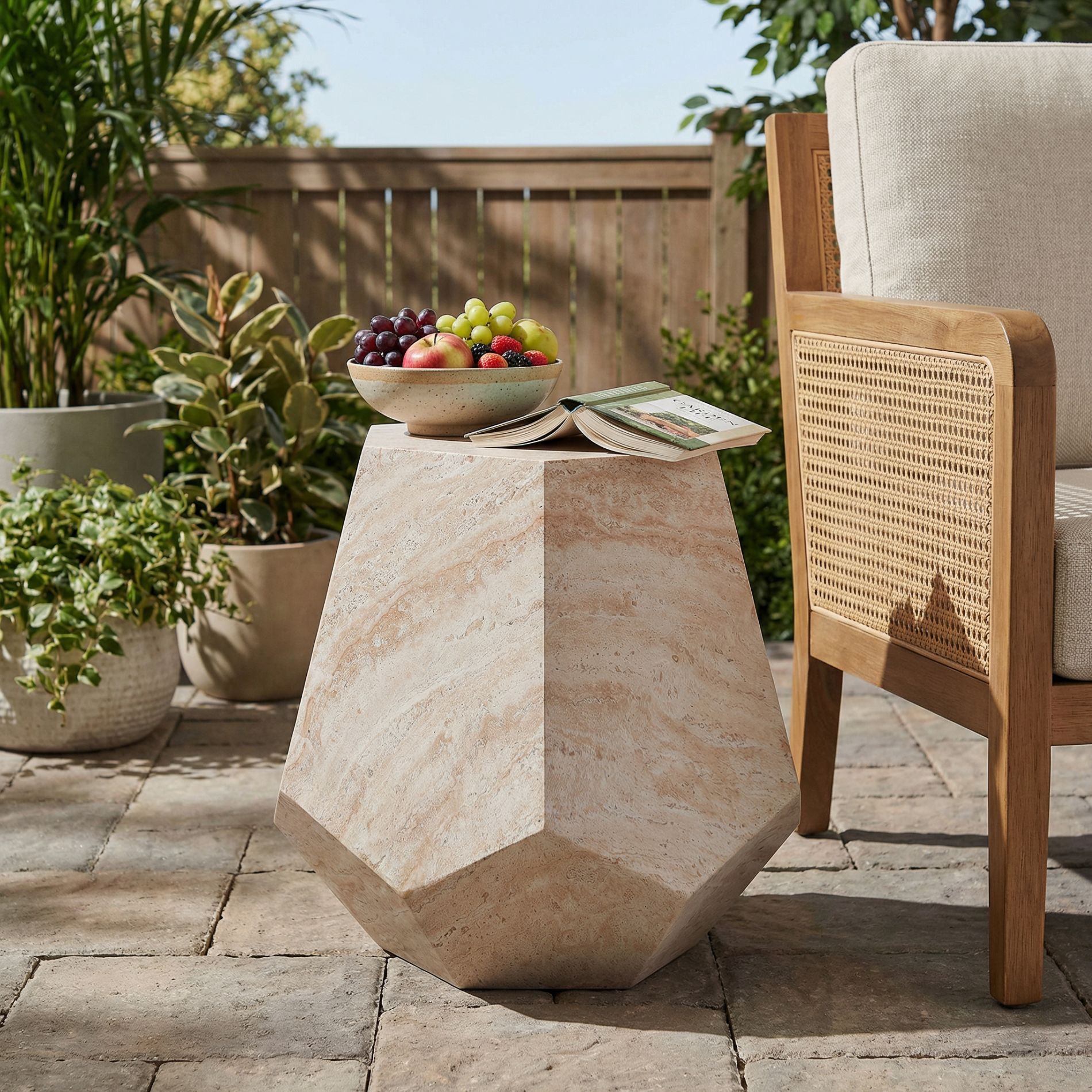 ModernLuxe Hexagonal Accent Side Table, Travertine MGO Patio End Table, Lightweight Concrete Side Table, Indoor/Outdoor Use, Beige
