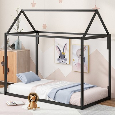 ALEXOUN Twin Size Tent Floor Bed Frame for Kids, Metal Floor Bed with slats, Twin House Bed for Kids Girls Boys, Black