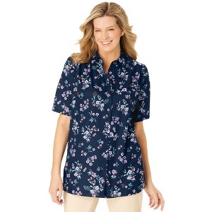 Woman Within Plus Size Short-Sleeve Peachskin Button-Front Shirt - 1 of 4