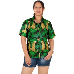 LA LEELA Hawaiian Shirts Womens Casual Summer Beach Leopard Print Blouses Shirt Short Sleeve Vacation Tops Button Up Shirts - 1 of 4