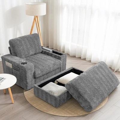Oversized Chaise Lounge Indoor,Faux Rabbit Fur Sofa Bed with Storage Ottoman and Armrests,Sleeper Chair,Reading Couch with Deep Seat-Cuddlewood