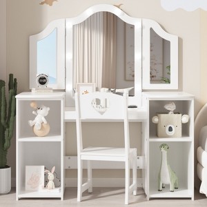 COZONY Kids Vanity Table with Touch Light & Tri-Folding Mirror, Wooden Princess Makeup Vanity Playset with Chair & Storage, Gift for Toddlers - 1 of 4