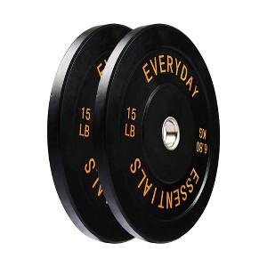 BalanceFrom Everyday Essentials 15 Pound Color Coded Rubber Olympic Barbell Dumbbell Exercise Weight Bumper Plate with Steel Hub Ring, 1 Pair, Black - 1 of 4