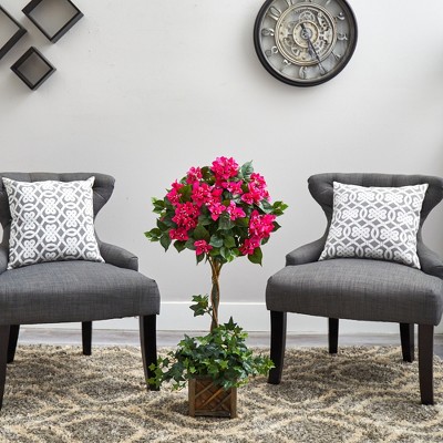 34" Pink Silk Bougainvillea Topiary with Wooden Planter