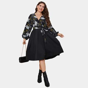 Women's Plus Size Black Floral Long Sleeve Midi Dress - Cupshe
