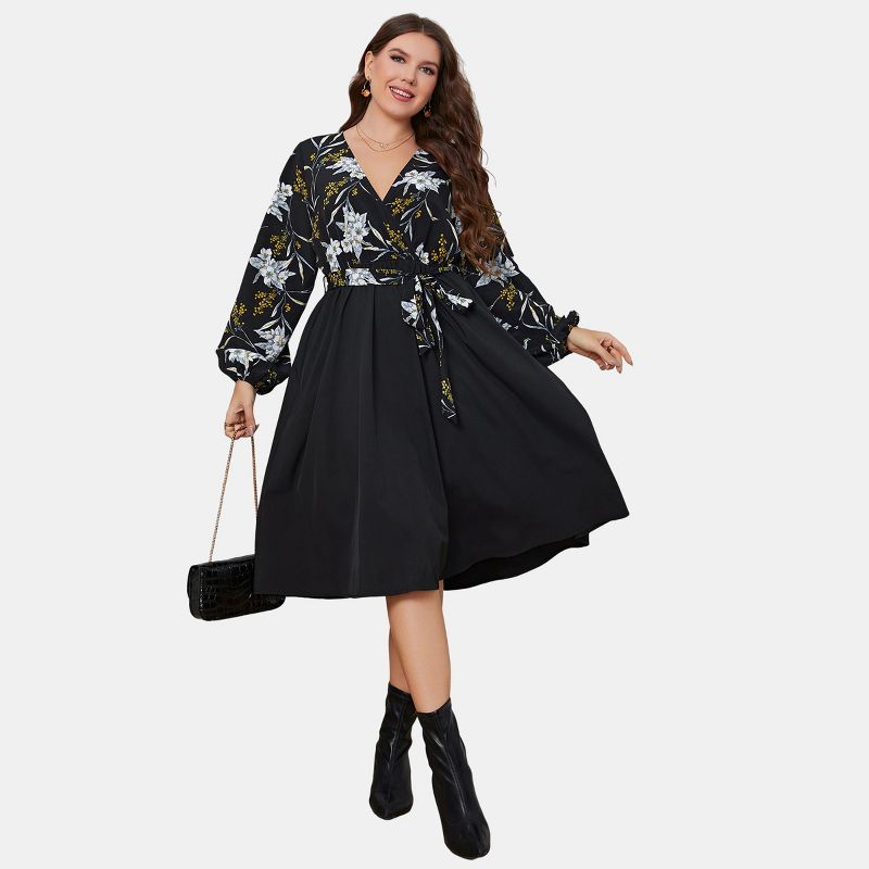 Women's Plus Size Black Floral Long Sleeve Midi Dress - Cupshe, 1 of 7